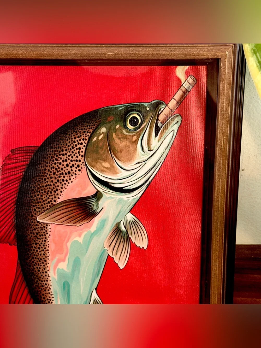 Trout Fish Smoking a Cigarette Vintage Style Canvas Wall Art Print Framed